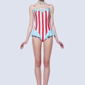 Striped Red and White Women's Swimsuit Kawaii cute ruffle